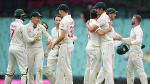 Australian cricketers from the national team celebrate a wicket