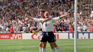 Paul Gascoigne celebrates scoring for England at Euro 96