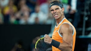 Spanish tennis player Rafael Nadal celebrating