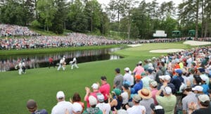 Tiger Woods walking down the fairway at the 16th at Augusta in the 2019 edition of the Masters.