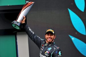 Lewis Hamilton celebrating another Grand Prix win