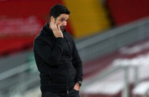 Arsenal manager Mikel Arteta watches his team from the sidelines