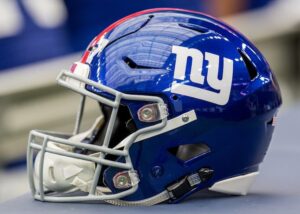 New York Giants helmet on the sidelines