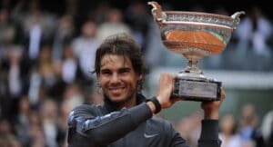 Rafael Nadal celebrating his French Open win of 2020