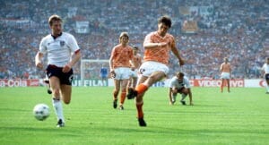Marco van Basten scoring in those famous Netherlands colours at Euro 88