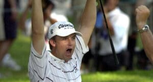 David Toms celebrates his hole-in-one at the 2001 PGA Championship