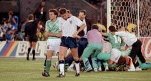 Chris Waddle being consoled by Lothar Matthaus after his penalty miss at Italia 90
