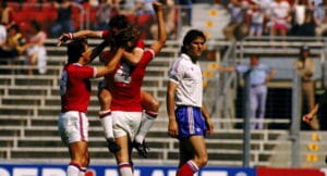 Bryan Robson celebrates England's fastest goal at a World Cup