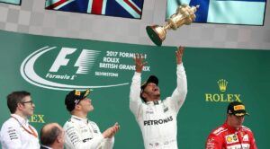Lewis Hamilton celebrates winning the British Grand Prix.