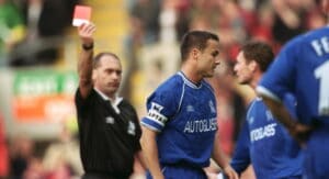 Dennis Wise being given a red card while at Chelsea