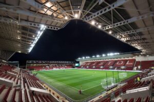 Ashton Gate stadium, home of Bristol City FC, at night.