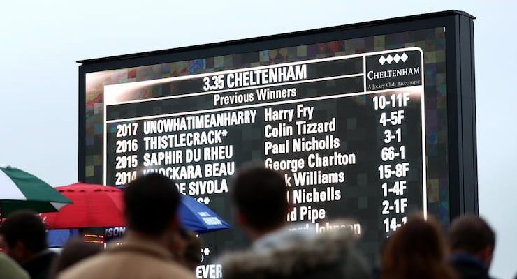 Scoreboard at Cheltenham racecourse showing previous winners.