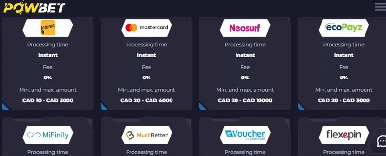 PowBet payment methods